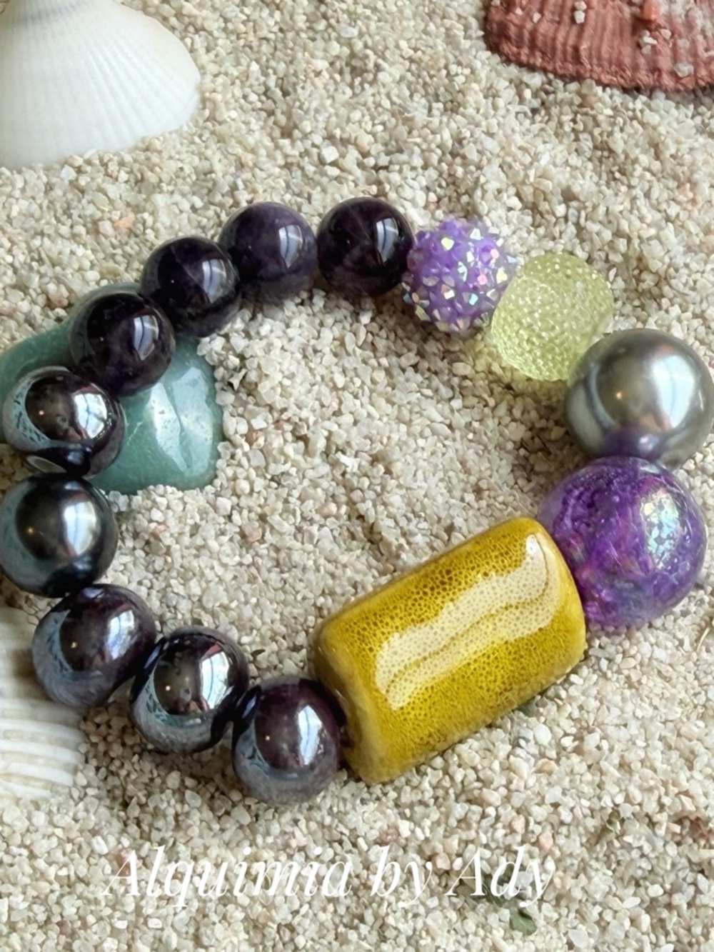 Brutalist amethyst and Yellow Ceramic & Purple Accent Stretch Bracelet